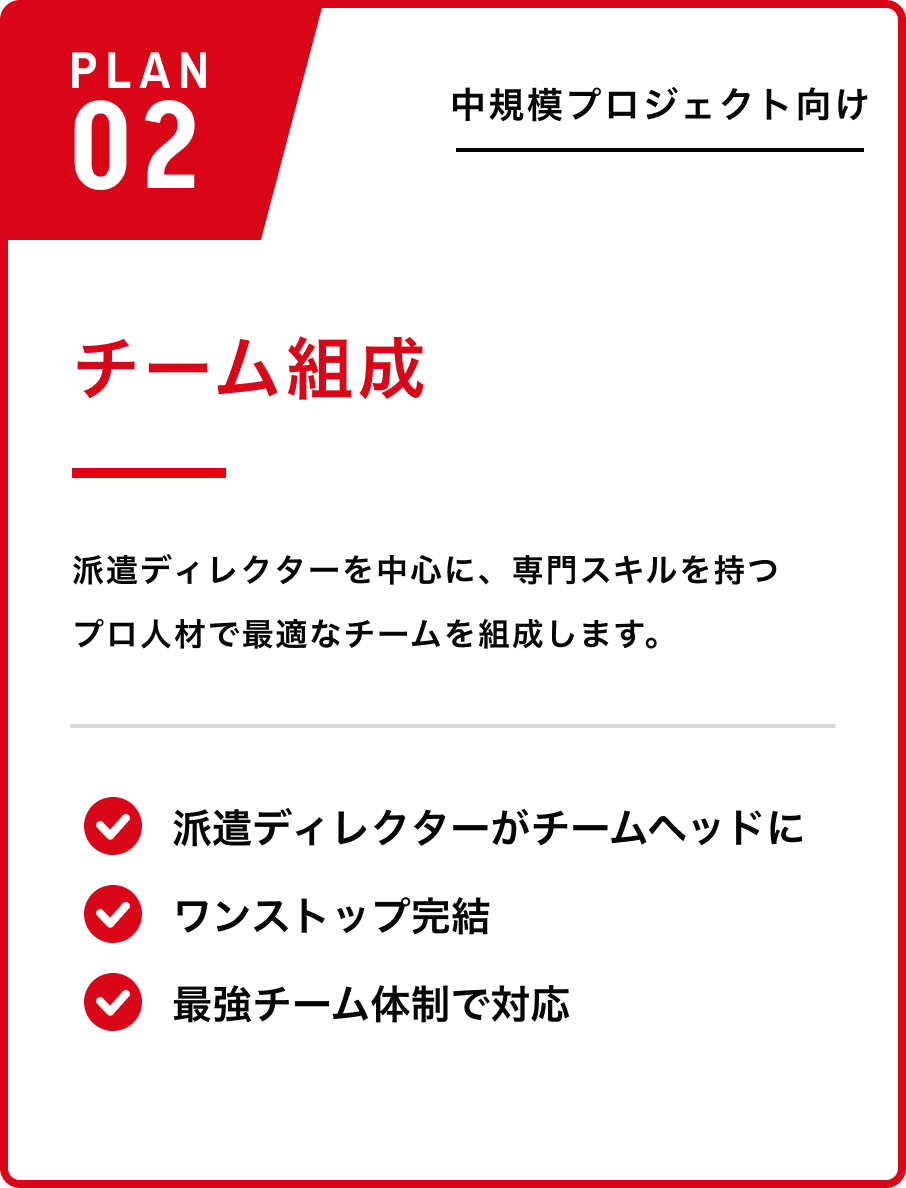 PLAN02 チーム組成 ／ 中規模プロジェクト向け。派遣ディレクターを中心に専門スキルを持つプロ人材で最適なチームを組成。派遣ディレクターがチームヘッドに、ワンストップ完結、最強チーム体制で対応。